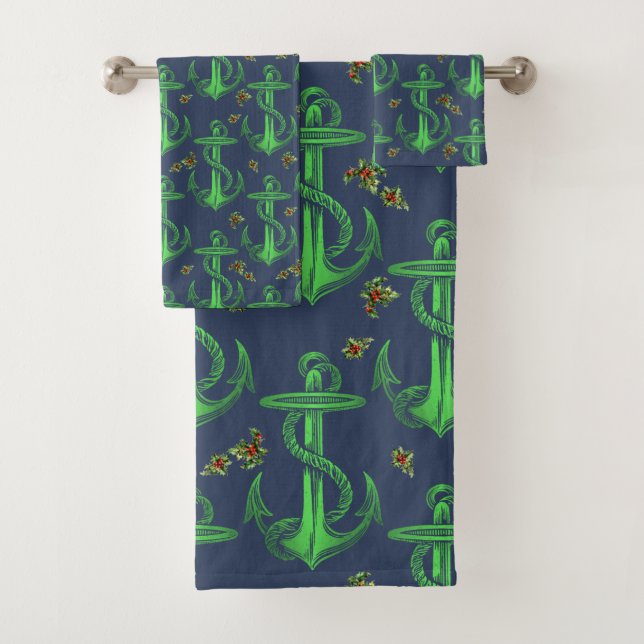 Vintage Anchor Navy Green Christmas Towel Set (Insitu)