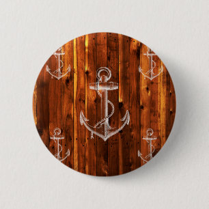 Vintage Anchor on Dark Wood Boards 6 Cm Round Badge