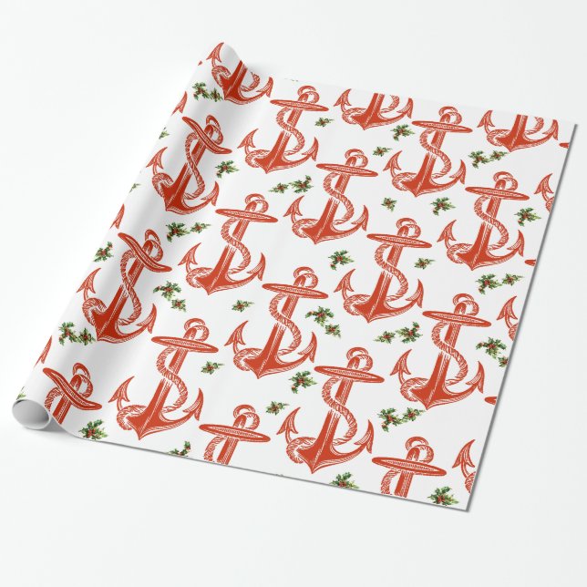 Vintage Anchor Red Christmas Wrapping Paper (Unrolled)