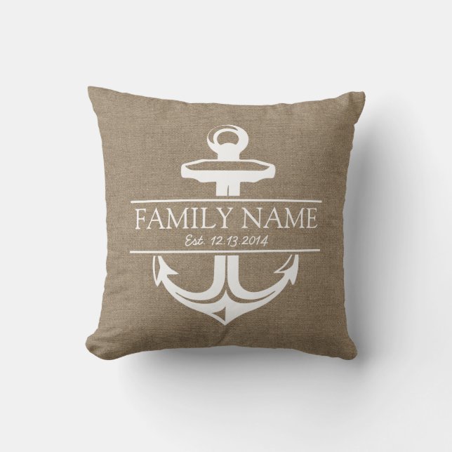 Vintage Anchor Rustic Burlap Family Name Cushion (Front)