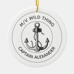 Vintage Anchor Speedboat Captain's Name Nautical Ceramic Tree Decoration