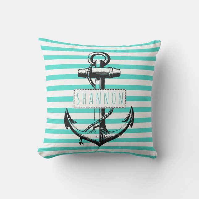 Vintage anchor turquoise striped pattern nautical cushion (Front)