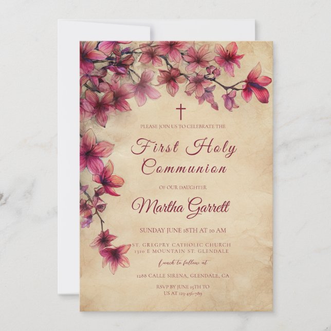 Vintage and Cherry Pink First Communion Invitation (Front)