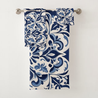 Vintage Andalusian Mosaic ,Timeless Blue and White Bath Towel Set
