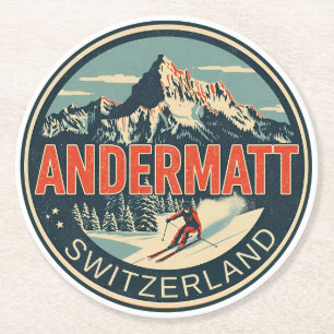Vintage ANDERMATT ski Switzerland Swiss Alps gifts Round Paper Coaster