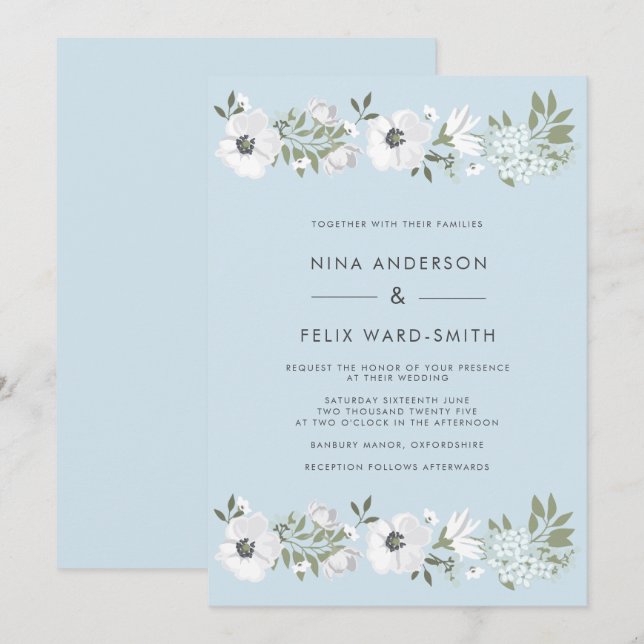 Vintage Anemone Blue Wedding Invitation (Front/Back)