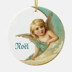 Vintage Angel and Moon Noel Christmas Ornament