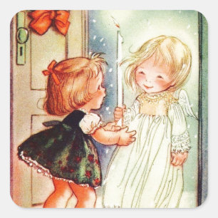 Vintage Angel At The Door Square Sticker
