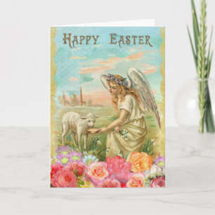 Vintage Angel & Baby Lamb Roses Easter Holiday Card