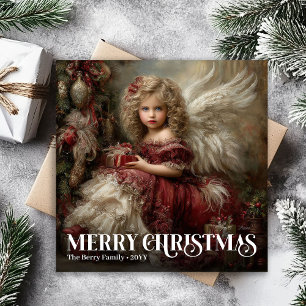 Vintage Angel Burgundy Green Christmas Greeting Holiday Card