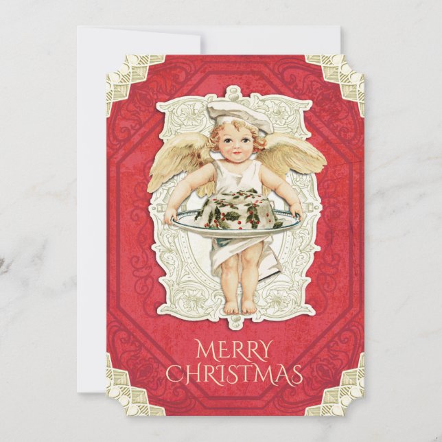Vintage angel chef holly Christmas cake Holiday Card (Front)