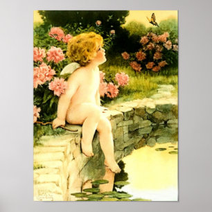 Vintage Angel Cherub in Peony Garden circa 1920 Poster