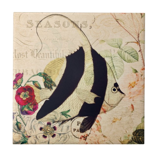 Vintage Angel Fish French Floral  Tile (Front)
