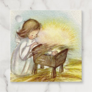Vintage Angel Girl Watching Baby Jesus Sleeping Favour Tags