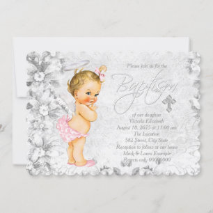 Vintage Angel Pink and Grey Baptism Invitation