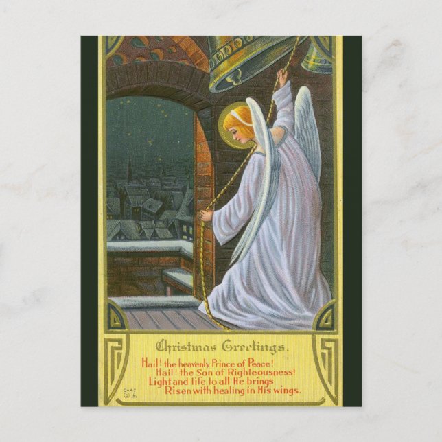 Vintage Angel Ringing Bell Christmas Postcard (Front)