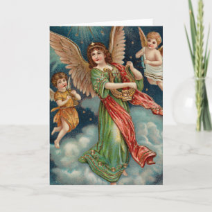 Vintage Angel With Harp and Two Cherubs Card