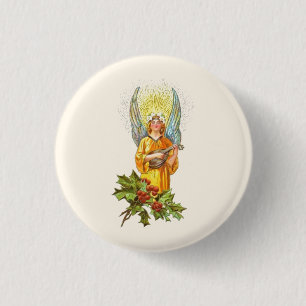 Vintage Angel With holly And Mandolin 3 Cm Round Badge