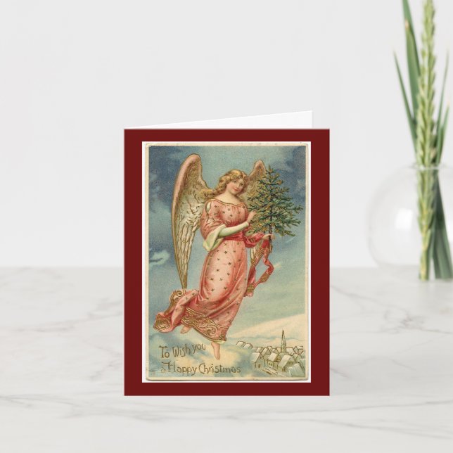 Vintage Angel With Tree Holiday Card (Front)