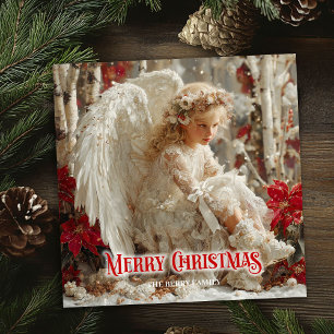 Vintage angelic angel red gold festive sparkles  holiday card
