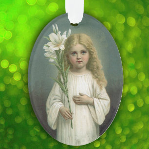 Vintage Angelic Girl White Dress Lily Flowers Ornament
