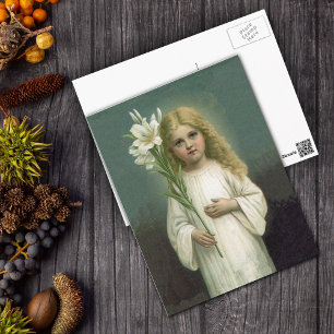 Vintage Angelic Girl White Dress Lily Flowers Postcard