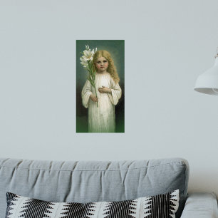 Vintage Angelic Girl White Dress Lily Flowers Poster