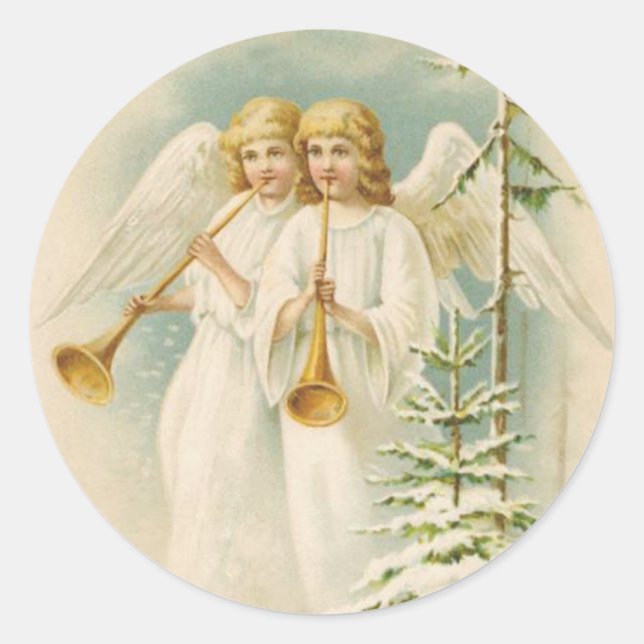 Vintage angels and trees christmas holiday sticker (Front)