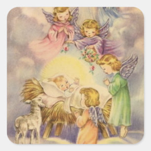 Vintage Angels Around Baby Jesus Square Sticker