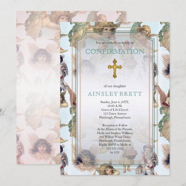 Vintage Angels | Gold Cross Girl Confirmation Invitation (Front/Back)