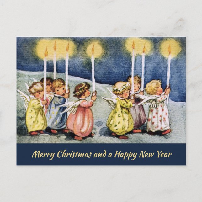 Vintage Angels Holding Candles Christmas Postcard (Front)