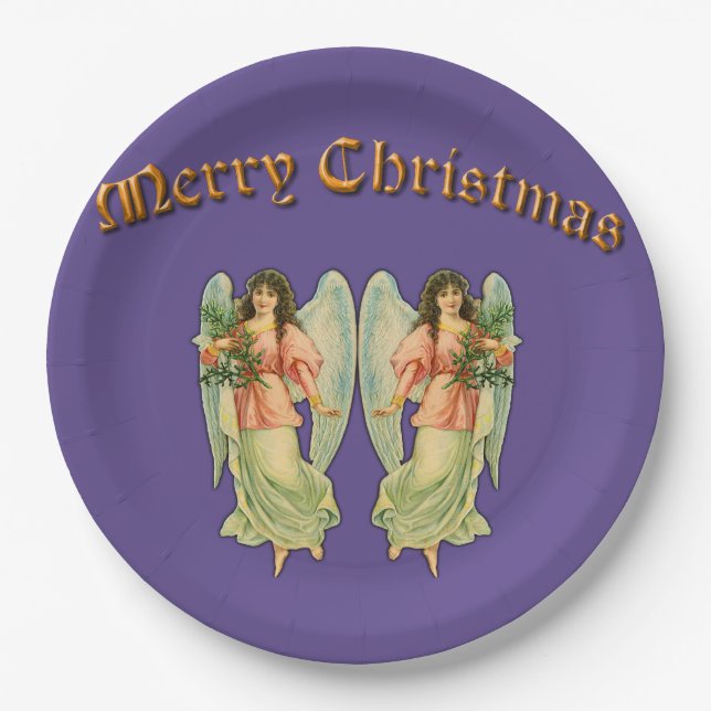 Vintage Angels on Blue Christmas Paper Plate (Front)