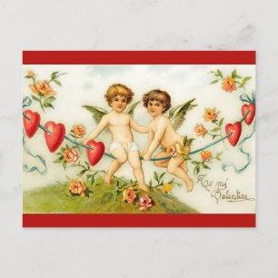 Vintage Angels on Wire of Hearts Valentine Postcard