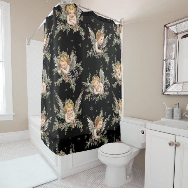 Vintage angels pattern black shower curtain (In Situ)