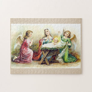 Vintage Angels Surrounding Baby Jesus and Mary Jigsaw Puzzle