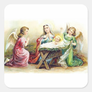 Vintage Angels Surrounding Baby Jesus and Mary Square Sticker