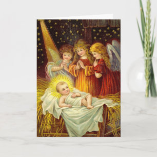 Vintage Angels Visiting the Baby Jesus Holiday Card