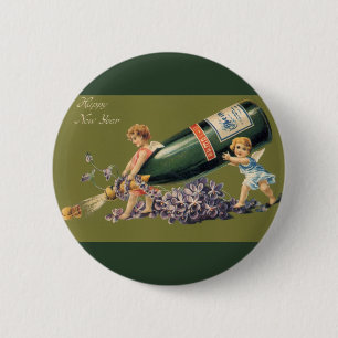 Vintage Angels with Champagne; A Happy New Year 6 Cm Round Badge