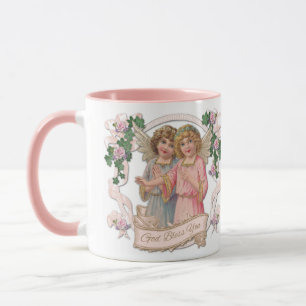 Vintage Angels with Pink Roses God Bless You Mug