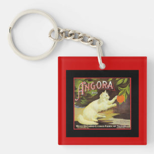 Vintage Angora White Cat Citrus Fruit Label Key Ring