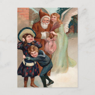 Vintage Angry Santa and Angel Christmas Postcard
