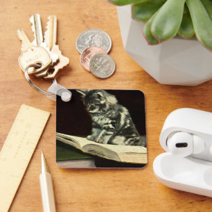 Vintage Animal, Cute Victorian Kitten Reading Book Key Ring