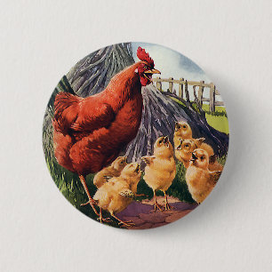 Vintage Animals, Chicken with Baby Chicks on Farm 6 Cm Round Badge