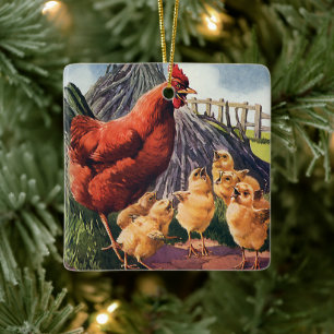 Vintage Animals, Chicken with Baby Chicks on Farm Ceramic Ornament
