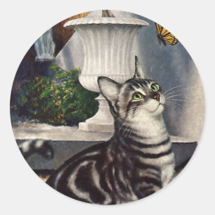 Vintage Animals, Cute Tabby Cat snd Butterfly Classic Round Sticker