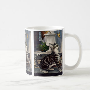 Vintage Animals, Cute Tabby Cat snd Butterfly Coffee Mug