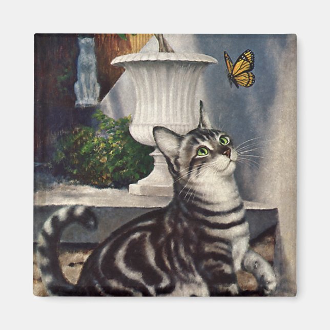 Vintage Animals, Cute Tabby Cat snd Butterfly Magnet (Front)
