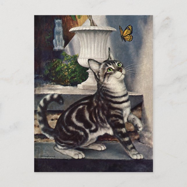 Vintage Animals, Cute Tabby Cat snd Butterfly Postcard (Front)