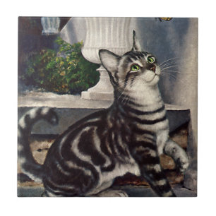 Vintage Animals, Cute Tabby Cat snd Butterfly Tile