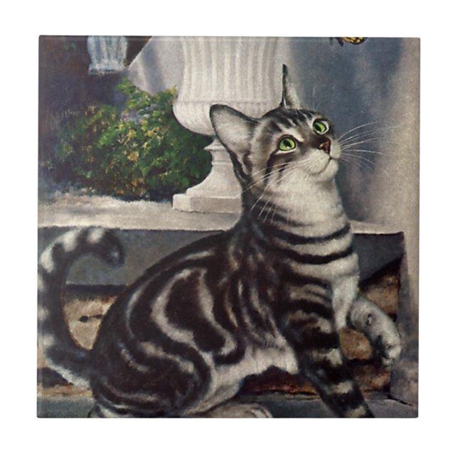 Vintage Animals, Cute Tabby Cat snd Butterfly Tile (Front)